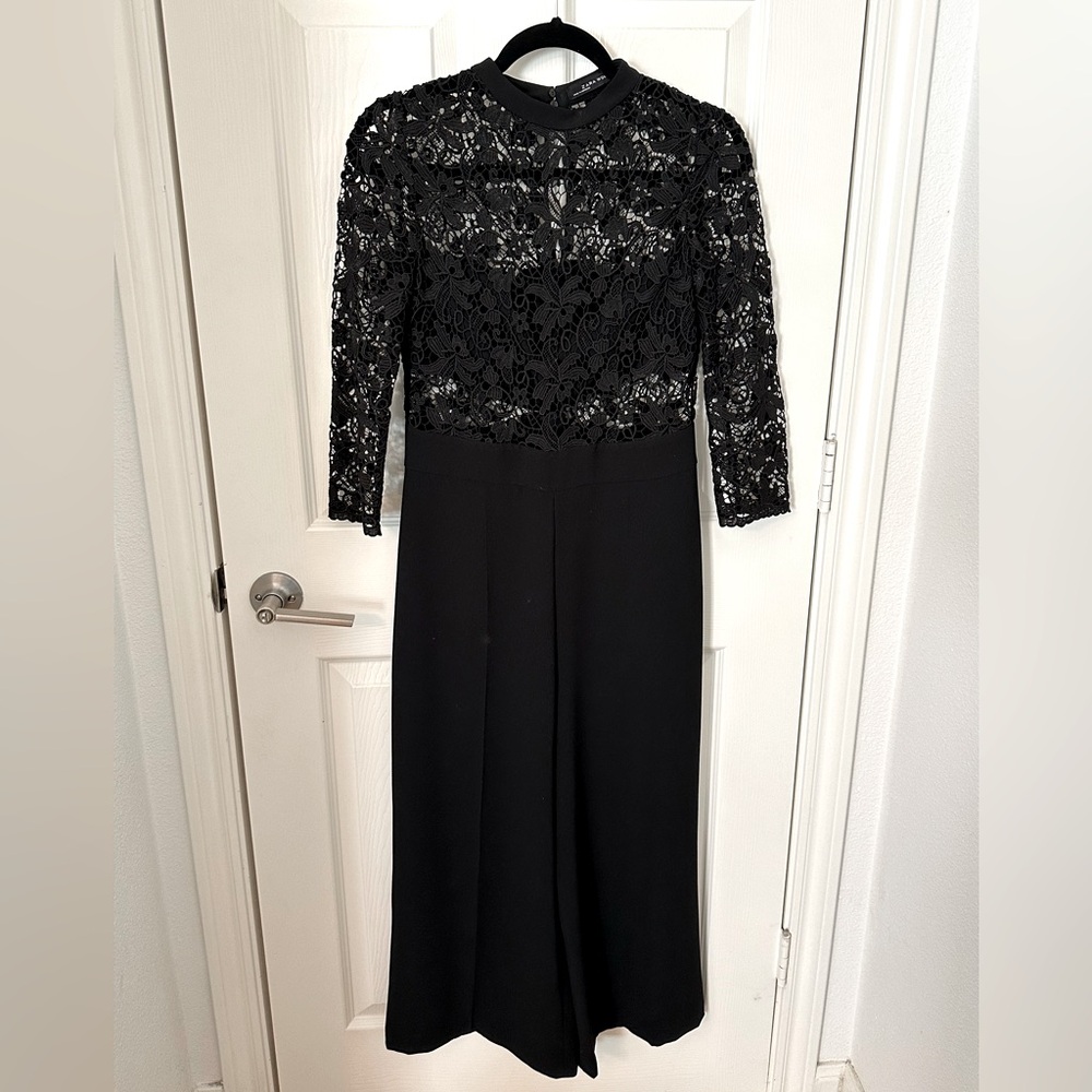 Zara Black Lace Bodice Wide-Leg Jumpsuit Size Medium